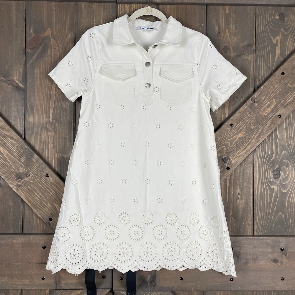 En Saison White Short Sleeves Mini Shirt Dress Eyelet Women's Size XS‎